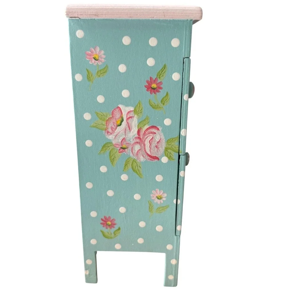 Vintage 90s Hand‎ Painted Wood Jewelry Box Teal Pink Floral Mini Dresser 9 x 7.5